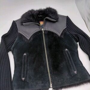 Cripple Creek Leather Jacket Womens L Faux Fur Trim Cowgirl Aztec Western Biker